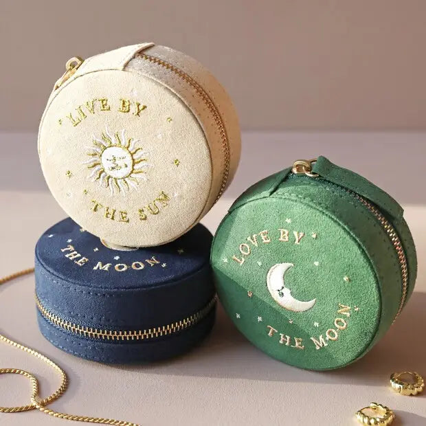 Sun and Moon Embroidered Round Jewellery Case in Green