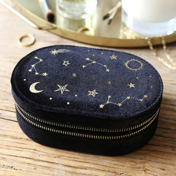 Starry Night Printed Velvet Oval Jewellery Case in Black