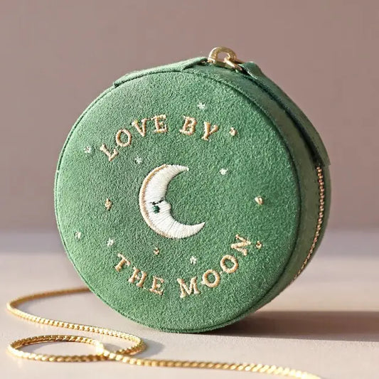 Sun and Moon Embroidered Round Jewellery Case in Green