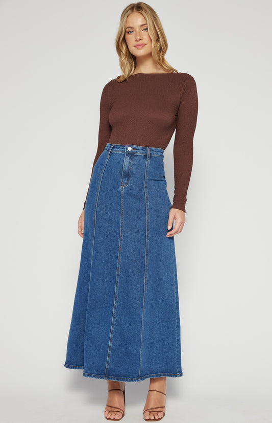 Maxi Denim Skirt with Panel Details